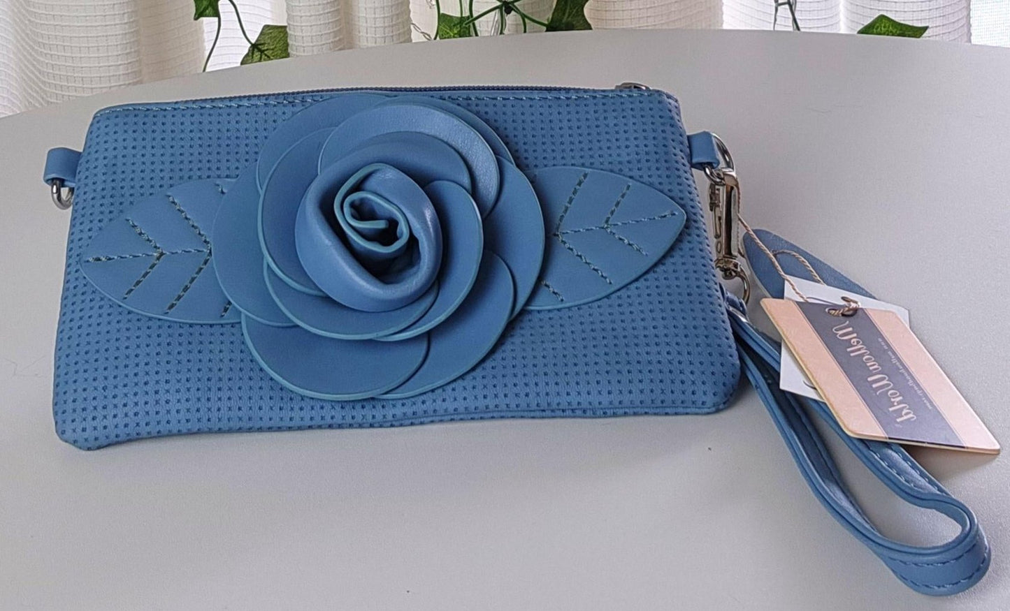 New Mellow World Wristlet Blue Rose Design with Crossbody Chain