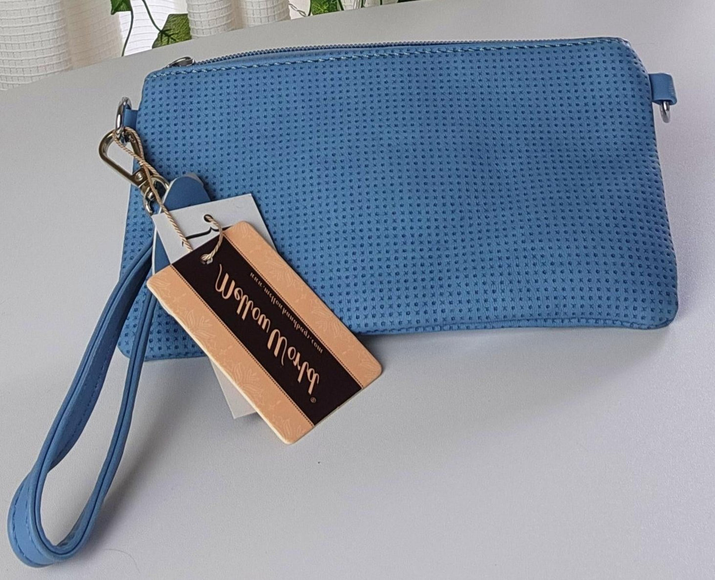 New Mellow World Wristlet Blue Rose Design with Crossbody Chain