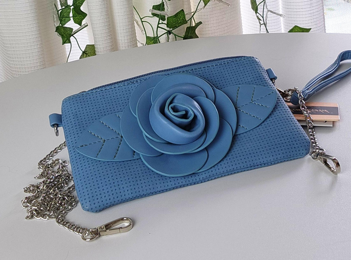 New Mellow World Wristlet Blue Rose Design with Crossbody Chain