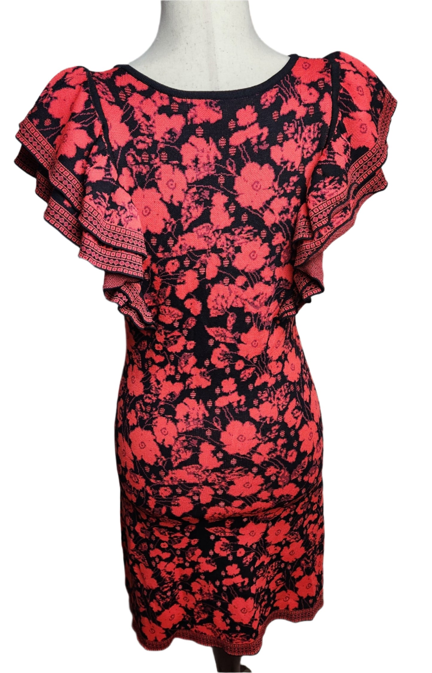 Size M Eva Franco Red / Black Ruffled Mini Cocktail Dress
