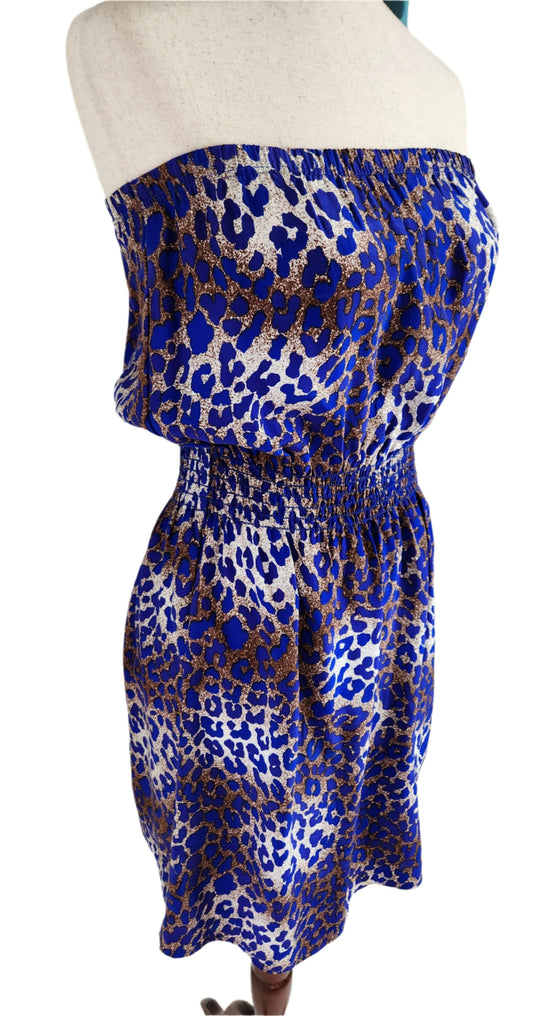 blue and tan leopard print strapless dress